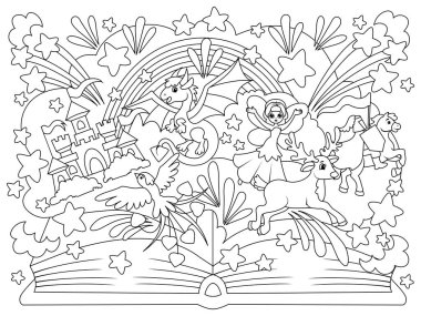 Peri masalı karakterli masalların sihirli kitabı. Boyama kitabı sayfası. Hayvanlar çizgi filmi. Çizgi filmin boyama sayfası. Vektör çizimi, çocuklar için boyama kitabı.