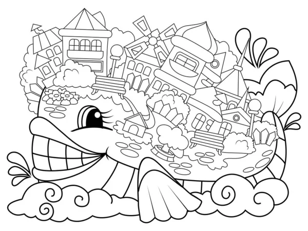 Stadt auf dem Rücken eines Wals, Fische und Häuser. Malbuchseite. Animal Cartoon. Malvorlage Umriss der Karikatur. — Stockvektor