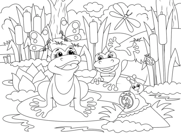 Két vicces béka a mocsárban. Természeti erdő, rovarok. Állatok rajzfilm. Színező oldal vázlata rajzfilm. — Stock Fotó