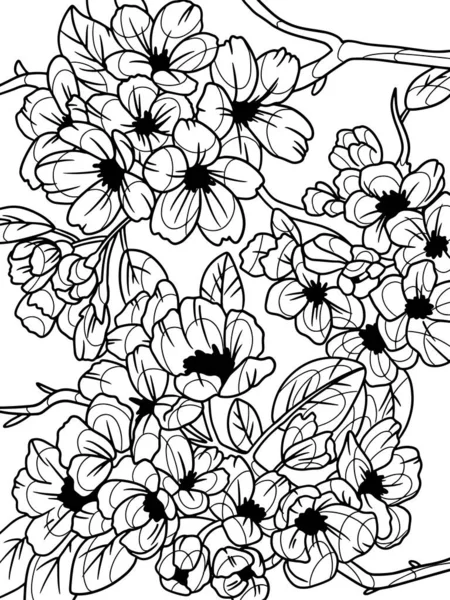 Coloring book flowers isolated, blooming cherry. Black stroke, white background. — Stock Photo, Image