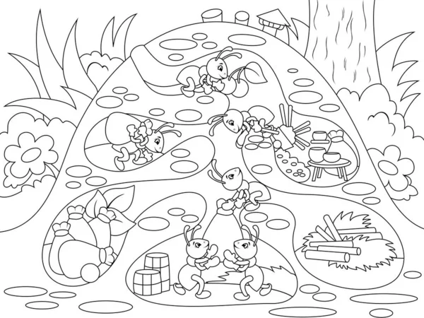 Wnętrze i życie rodzinne mrówek w mrowisku kolorowanki dla dzieci kreskówki raster ilustracji. Styl Zentangle. — Zdjęcie stockowe