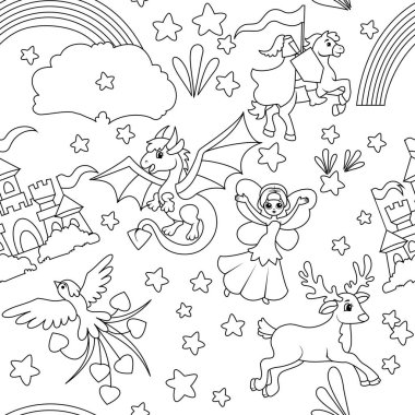 Kusursuz desen. Peri masalı karakterleri ve doğal olaylar. Çocuklar için çarşaf ve duvar kağıtları.