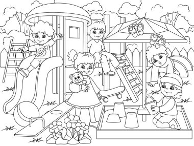 Childrens playground coloring. Vector illustration of black and white. clipart