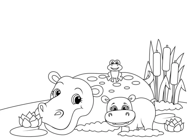 Família Hippo. Desenhos animados de animais. Desenho de página para colorir de desenhos animados. Ilustração vetorial, livro de colorir para crianças. —  Vetores de Stock