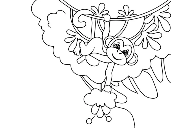 The monkey rides on liana. Wild animal in wild nature. Vector, page for printable children coloring book. — Vector de stock