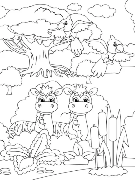 Família Zebras e papagaios. Desenhos animados de animais. Desenho de página para colorir de desenhos animados. Raster ilustração, livro de colorir para crianças. — Fotografia de Stock
