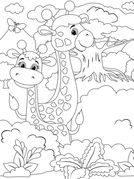 长颈鹿家族动物卡通片漫画的彩色页面轮廓.病媒图解，儿童彩色书. — 图库矢量图片