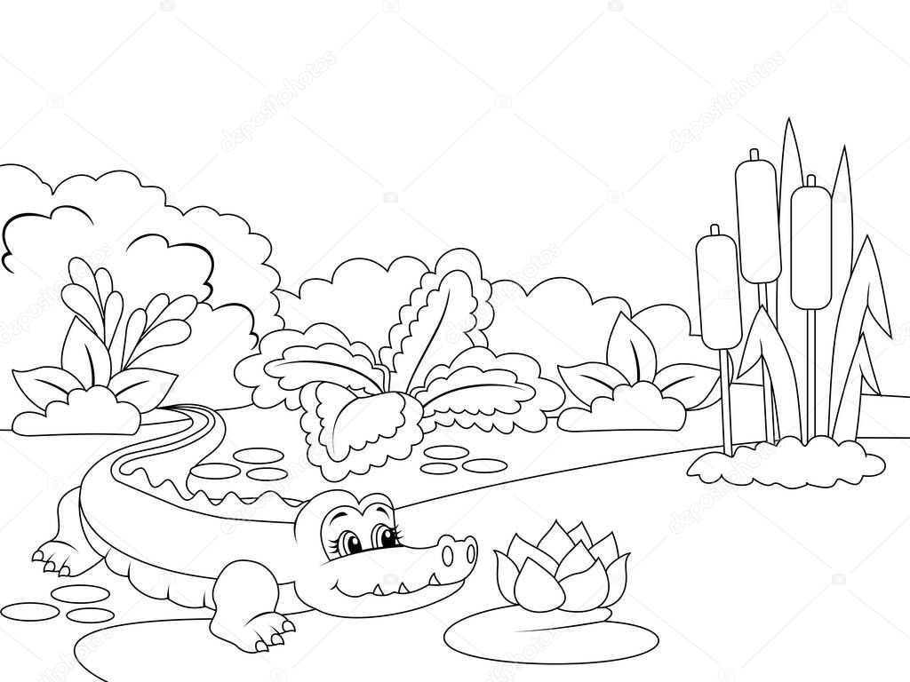 Cocodrilo en la orilla del río. Animales de dibujos animados. Dibujos para  colorear esquema de la página de dibujos animados. Ilustración de trama,  libro para colorear para niños. Ilustración de archivo de ©, image size:1024x768