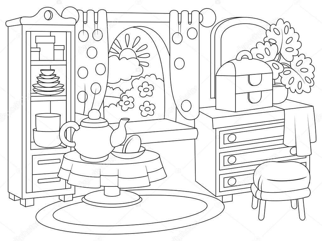 Interior of the tea room. Coloring page outline of cartoon. Raster illustration, coloring book for kids.