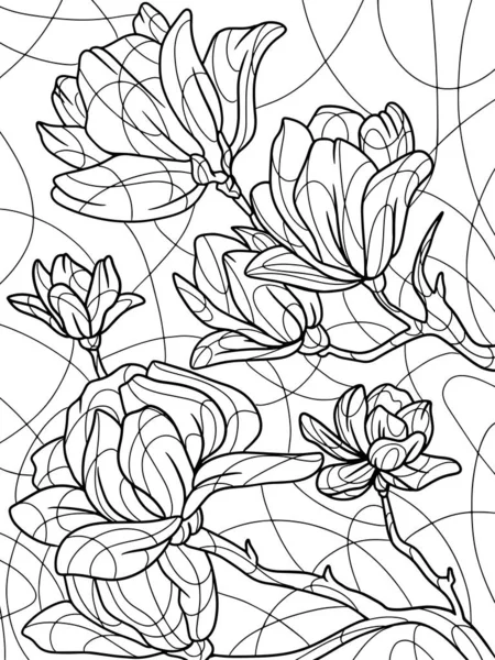 Coloring book flowers, magnolia. Black stroke, white background. — Stockfoto