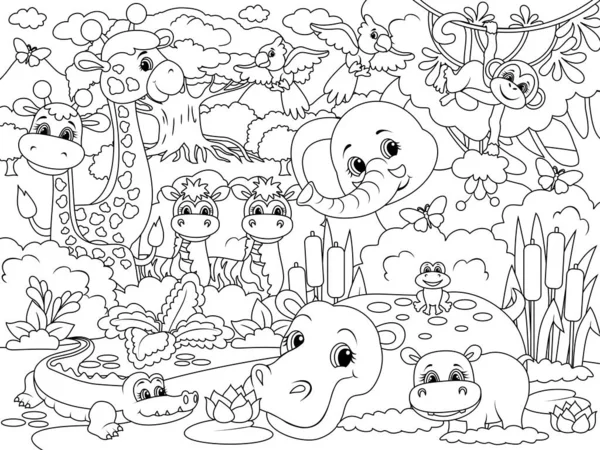 African animals, cartoon. Coloring page outline of cartoon.