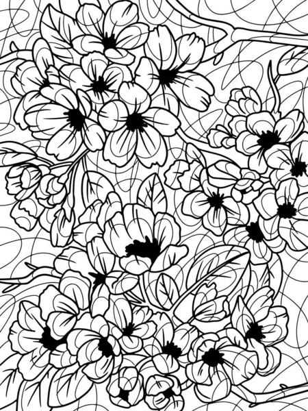 Libro para colorear flores, cerezo floreciente. Trazo negro, fondo blanco. — Vector de stock