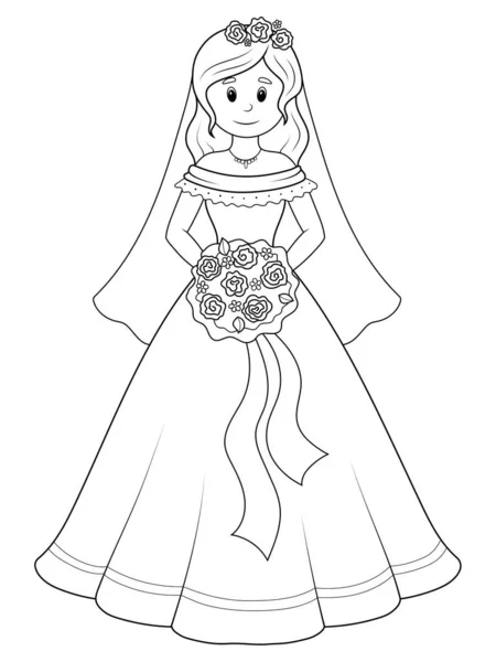 結婚式のドレスの少女は、花嫁が隔離されます。漫画のページの概要。ラスターイラスト,子供のためのぬり絵. — ストック写真