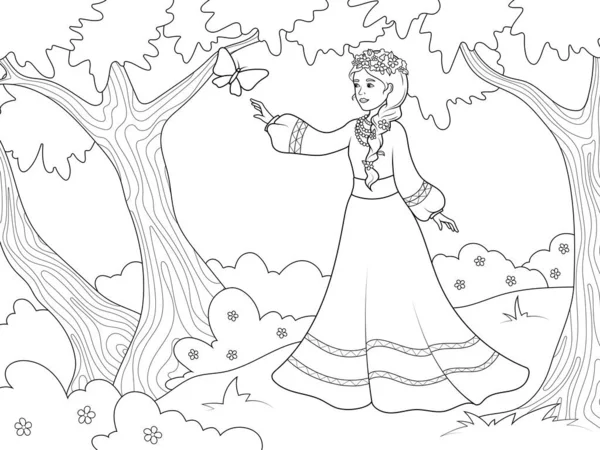 Mavka nella foresta. Schema della pagina del cartone animato. Illustrazione raster, libro da colorare per bambini. — Foto Stock