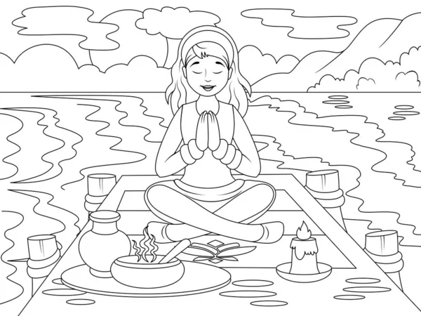 La chica está haciendo yoga en el muelle. Estado psicológico en la naturaleza. Esquema de la página de dibujos animados. Ilustración vectorial, libro para colorear para niños. — Vector de stock