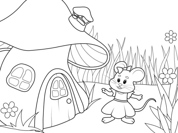 Kreslená myš v šatech tančí vedle domu ve tvaru houby. Obrys stránky karikatury. — Stockový vektor