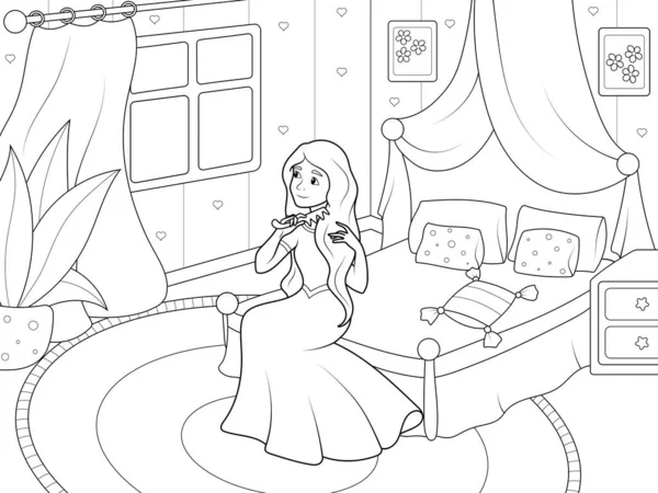 La principessa si pettina i capelli. Interno della stanza delle ragazze. Schema della pagina del cartone animato. Illustrazione vettoriale, libro da colorare per bambini. — Vettoriale Stock
