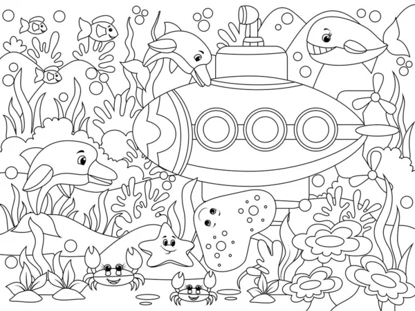 Víz alatti tengeri szállítás, tengeri állatok, halak. Színező oldal vázlata rajzfilm. Raszter illusztráció, kifestőkönyv gyerekeknek. — Stock Fotó