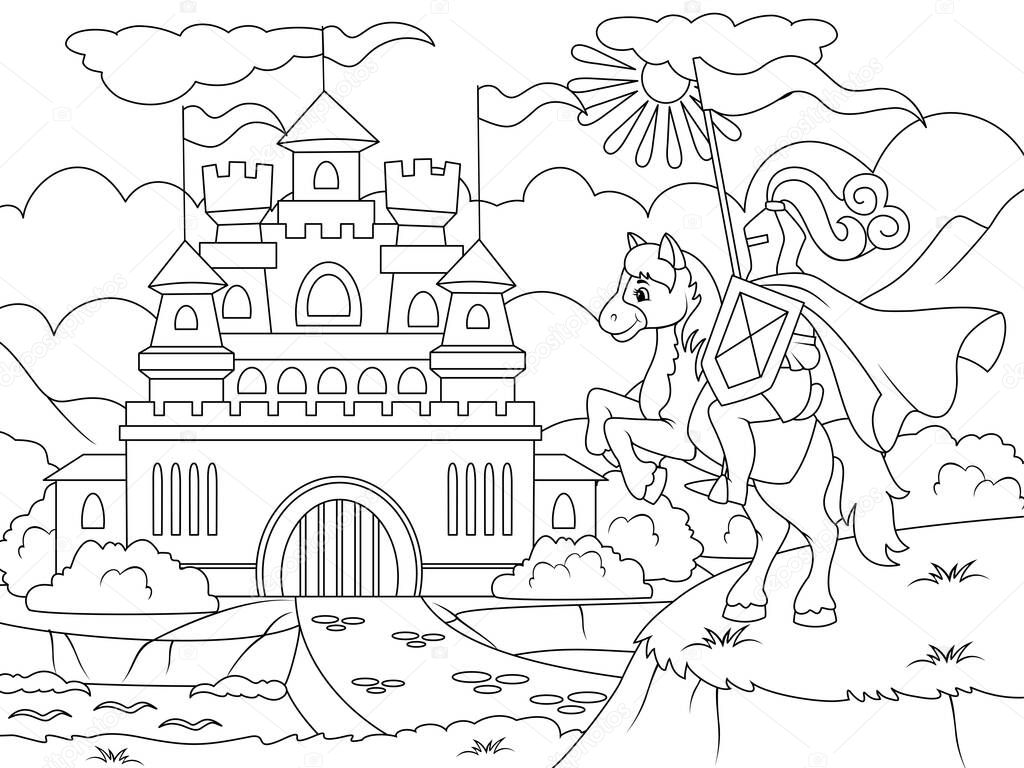 Knight near the gates of the old castle. Page outline of cartoon. Raster illustration, coloring book for kids. Doodle page. Children background.
