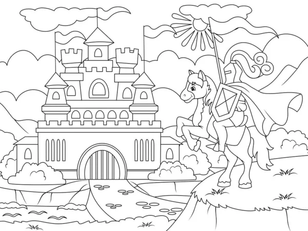 Cavaliere Vicino Alle Porte Del Vecchio Castello Schema Della Pagina — Vettoriale Stock