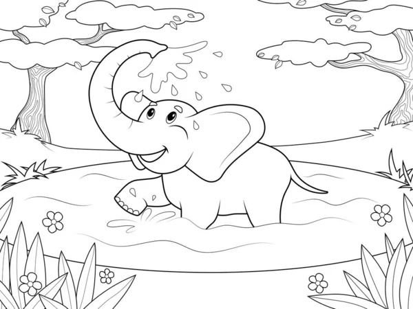 川の象風呂 アフリカのサバンナ 野生動物 動物園 漫画のページの概要 ラスターイラスト 子供のためのぬり絵 ページをめくれ 子供の背景 — ストック写真