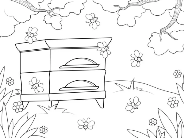 House for bees, beehive stands in the garden. Page outline of cartoon. Raster illustration, coloring book for kids. Doodle page. Children background.