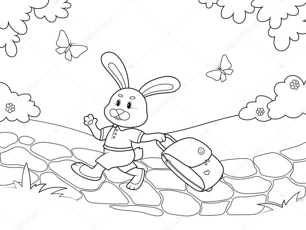 The hare is walking along the stone path with a travel suitcase. Page outline of cartoon. Raster illustration, coloring book for kids. Doodle page. Children background.