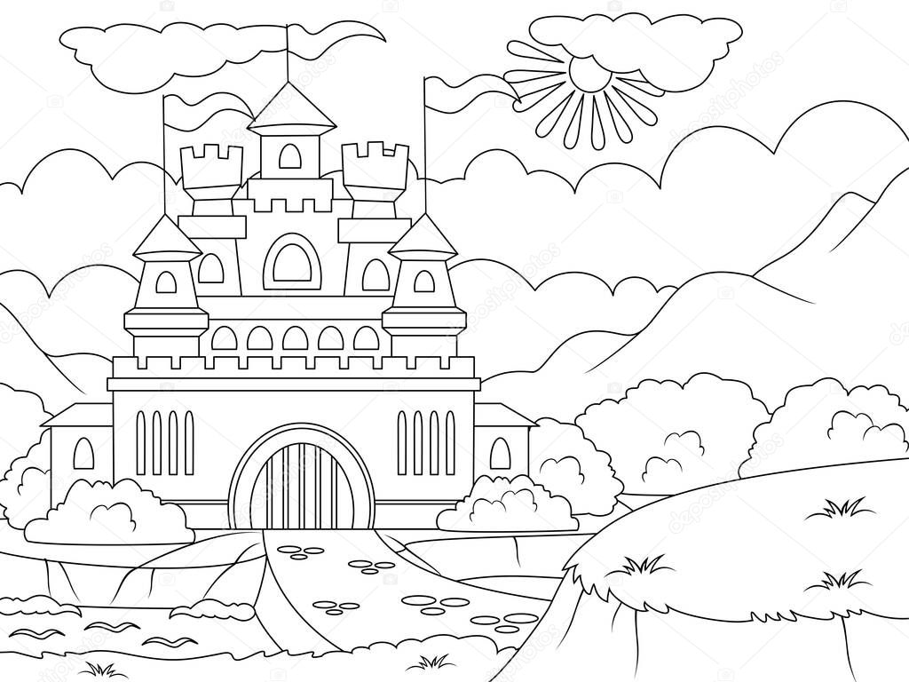 Old castle. Page outline of cartoon. Raster illustration, coloring book for kids. Doodle page. Children background.