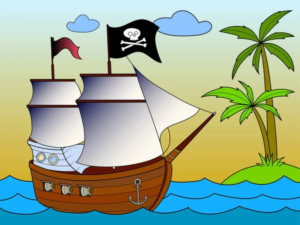 Pirate ship at sea, desert island. Image in zen-tangle style. Printable page for drawing and meditation. Color book for children and adults.