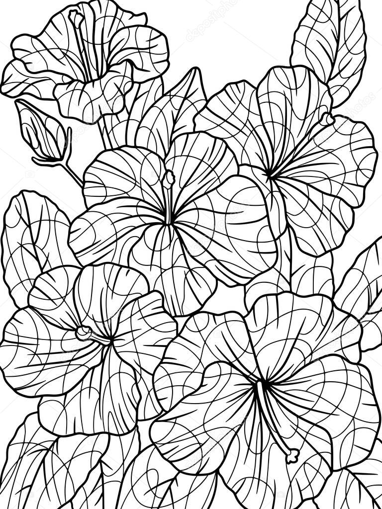 Coloring hibiscus, plant zen. Flower outline. Vector illustration. Page outline of cartoon. 