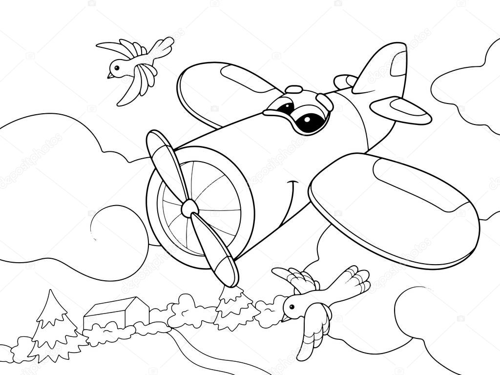 Live plane in the sky. Children coloring book, raster illustration.
