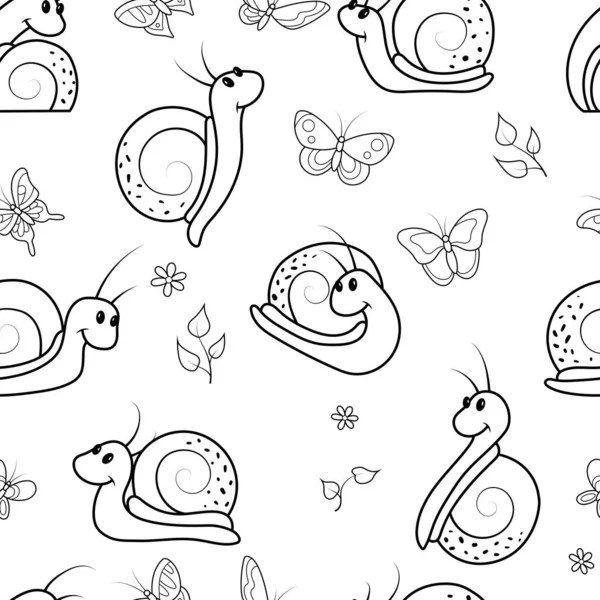 Seamless Background Set Snails Butterflies Leaves Children Coloring Book Vector — Stock Vector