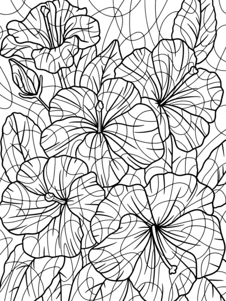 Colorear Hibisco Planta Zen Página Completa Esquema Flores Ilustración Vectorial — Vector de stock