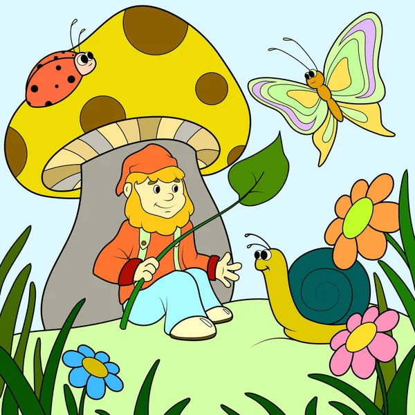 Kinderen Kleuren Kabouter Ziet Onder Paddestoel Communiceert Met Insecten Slakken — Stockfoto