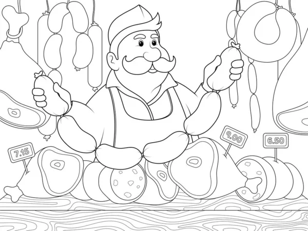Seller Butcher Sells Sausages Children Coloring Book Raster Illustration White — ストック写真