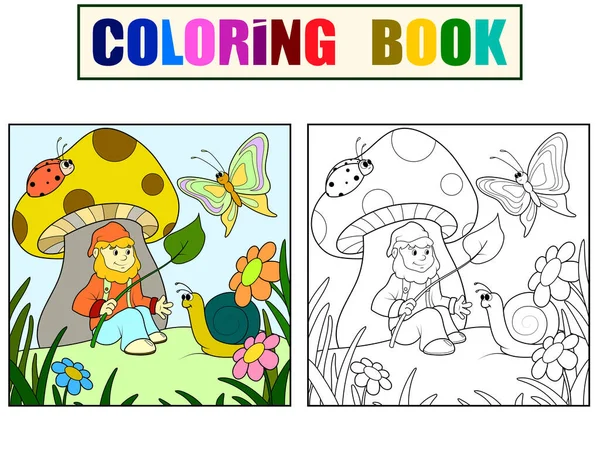 Conjunto Libro Para Colorear Imagen Color Niños Gnomo Bajo Hongo — Foto de Stock