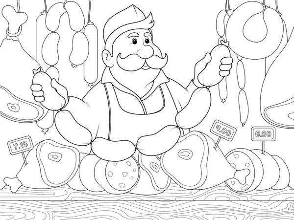 Seller Butcher Sells Sausages Children Coloring Book Vector Illustration White — ストックベクタ