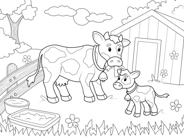 Mom cow and baby calf in the agricultural yard. Children coloring book raster illustration.