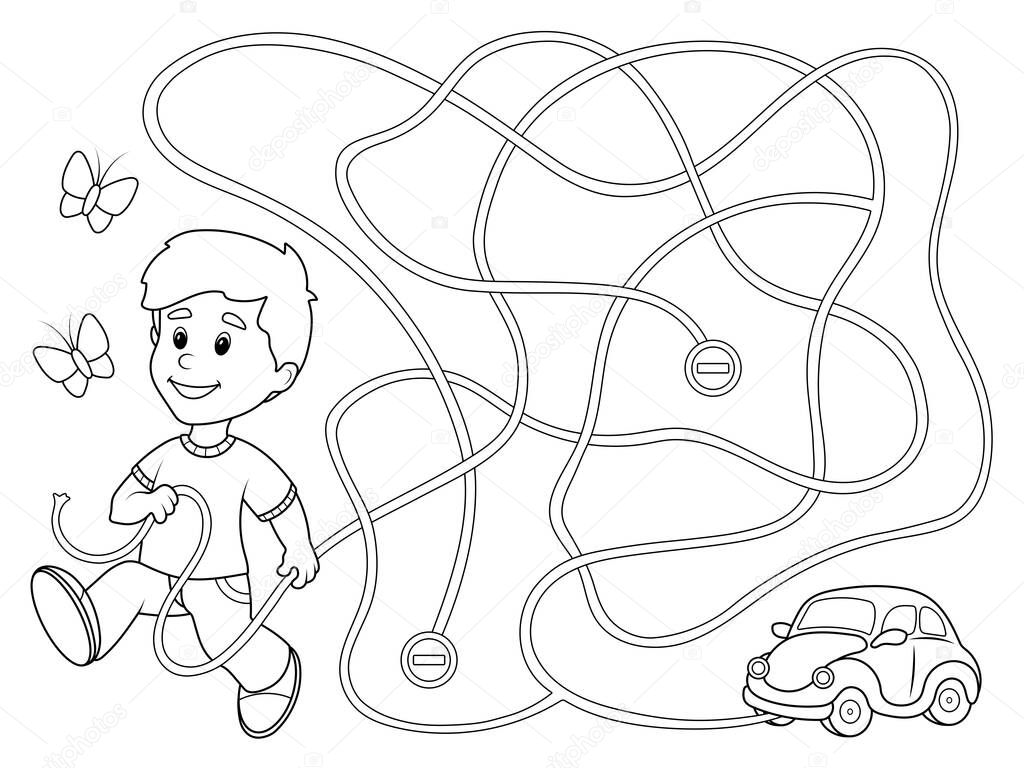 Game, find the right way. Teaching children logic in a playful way. Children coloring book raster illustration.