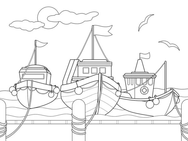 Trois Navires Jetée Quai Bateau Illustration Vectorielle Livre Colorier Enfants — Image vectorielle