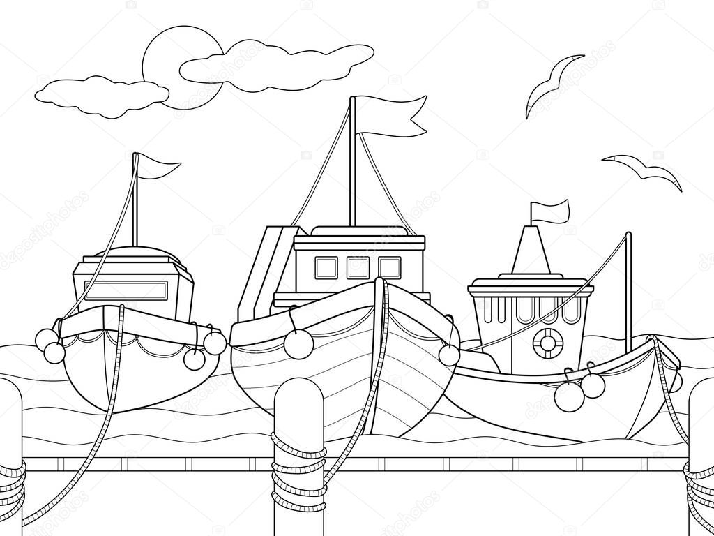 Three ships at the pier. Boat dock. Children coloring book vector illustration.