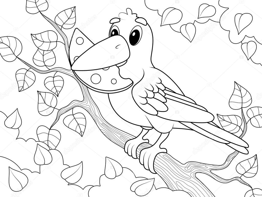 Crow holds cheese in its beak. Background trees and foliage. Children coloring book, vector illustration.