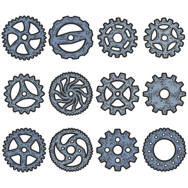 Set Gears Mechanism Sketch Scratch Board Imitation Color Picture Raster — Stock Photo, Image