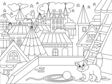 City, roofs of city houses and a cat. Children coloring book, black outline, white background. Raster illustration picture.
