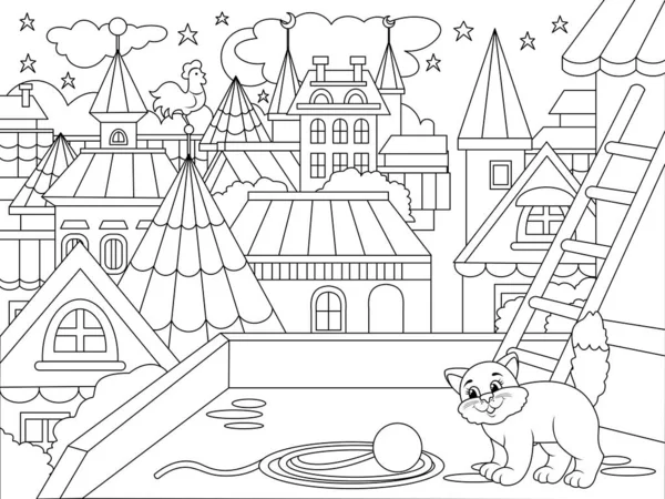城市房屋的屋顶和一只猫 孩子们涂色书 黑色的轮廓 白色的背景 栅格插图图片 — 图库照片