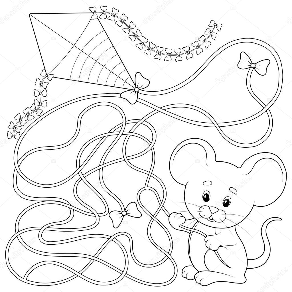 Game, find the right way. Mouse holding a kite. Teaching children logic in a playful way. Children coloring book raster illustration.