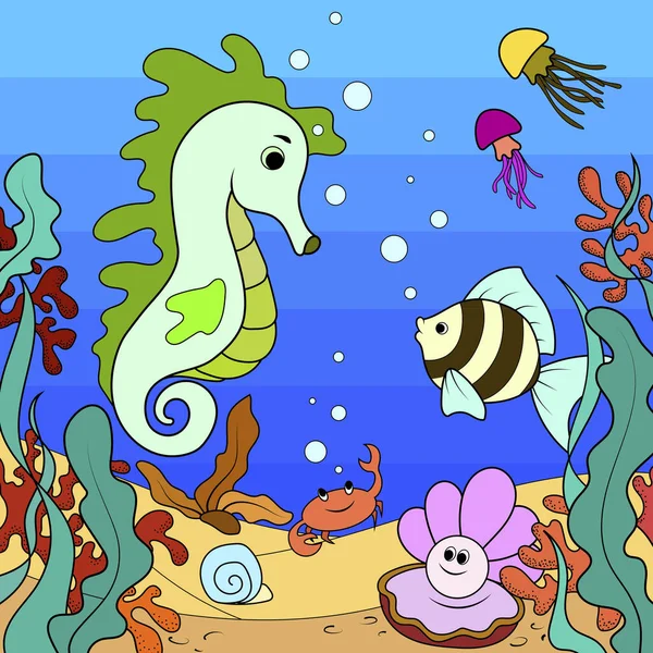 Children Seabed Its Inhabitants Color Picture Vector Illustration — 스톡 벡터