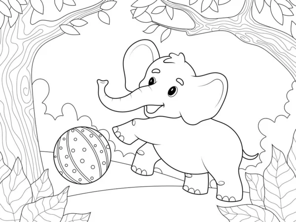 Elephant Plays Ball Background Trees Foliage Children Coloring Book Vector — Stockvector