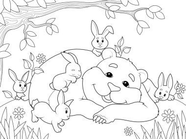 Kind brown bear with the little rabbits in the forest. Children coloring book, raster illustration.