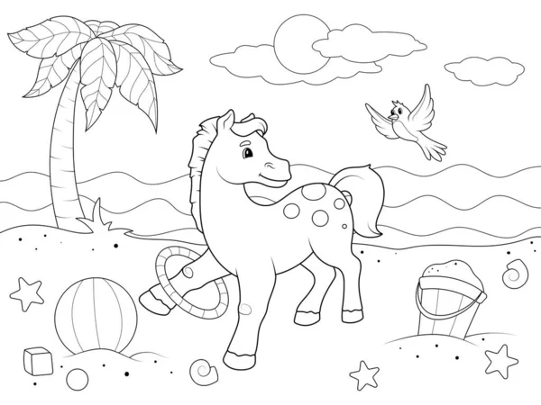 Pony Plays Beach Hula Hoop Nature Sea Coast Children Coloring — 图库矢量图片